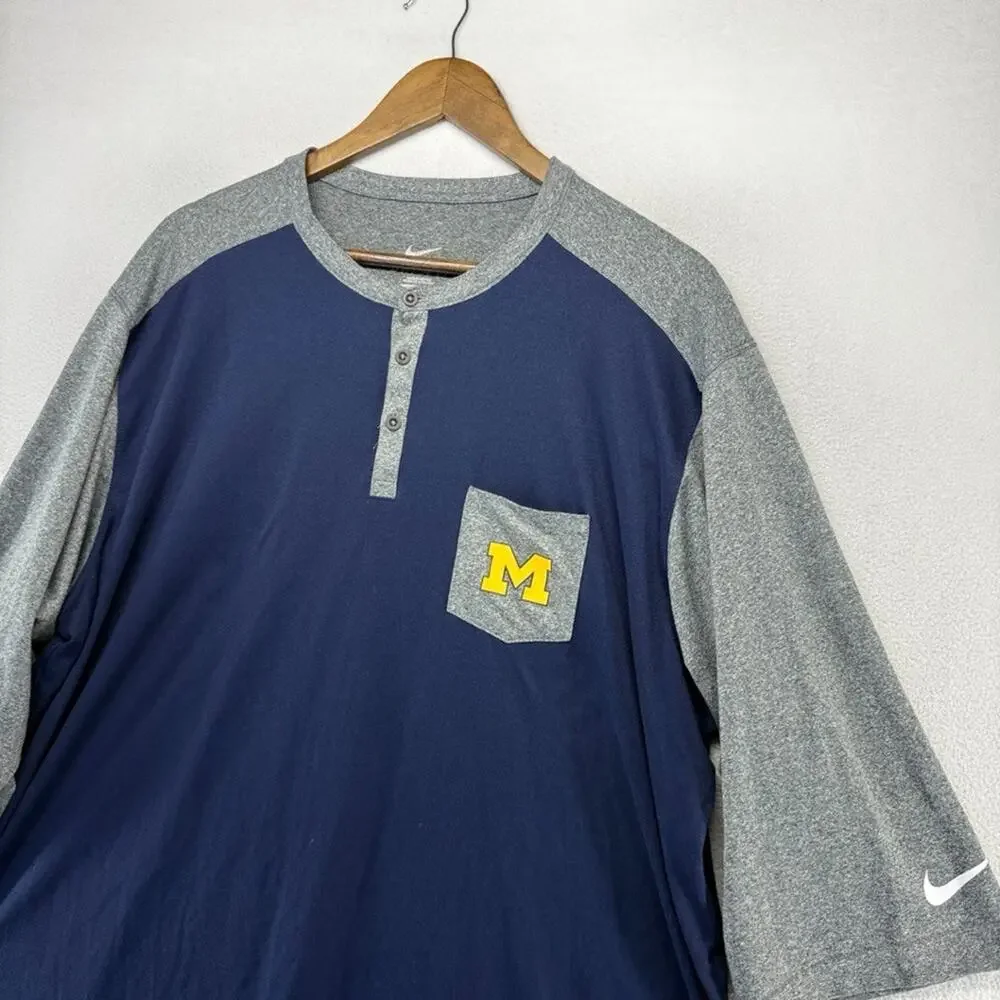 University Of michigan Shirt Mens 3XL Blue Gray Two Tone Half Sleeve henley nike